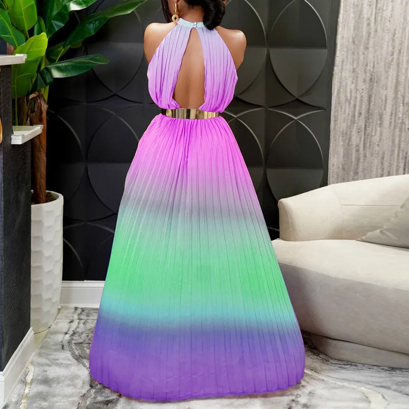 Gradient Color Sleeveless Pleated Maxi Dress