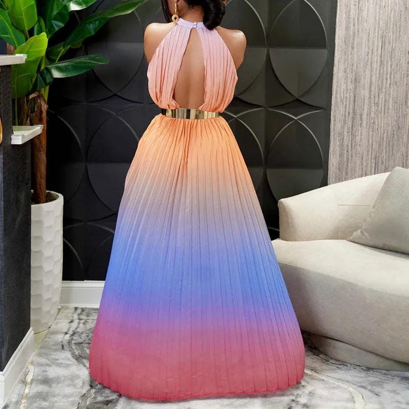 Gradient Color Sleeveless Pleated Maxi Dress
