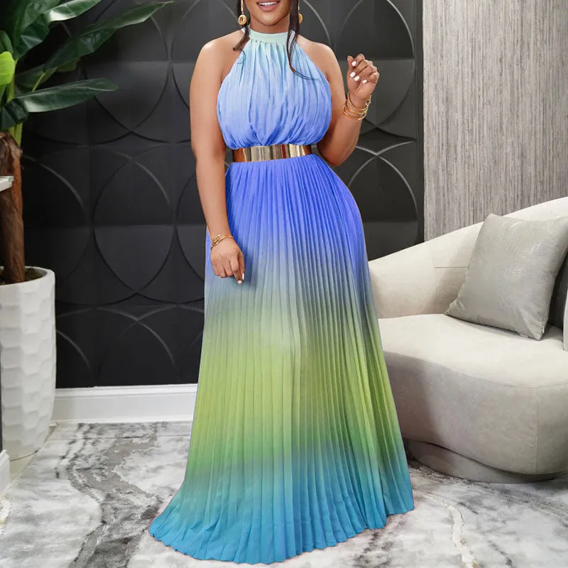 Gradient Color Sleeveless Pleated Maxi Dress
