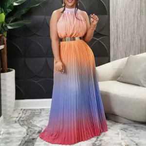 Gradient Color Sleeveless Pleated Maxi Dress