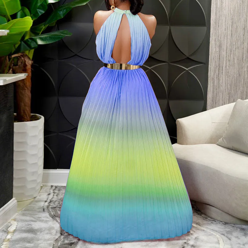 Gradient Color Sleeveless Pleated Maxi Dress