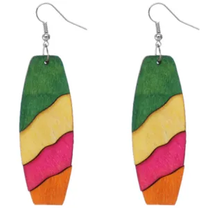 Green Colorblock Rectangular Wooden Earrings