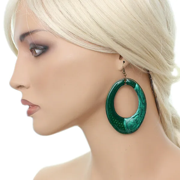 Green Oval Shaped Lacquered Drop Earrings