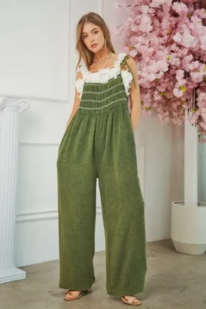 Green Washed Linen Smocked Jumpsuit
