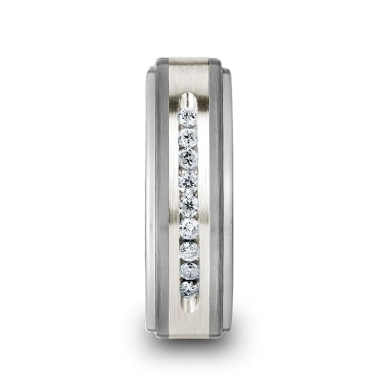 HARPER Tungsten Wedding Band with Raised Center & Brushed Silver Inlay and 9 Channel Set White Diamonds