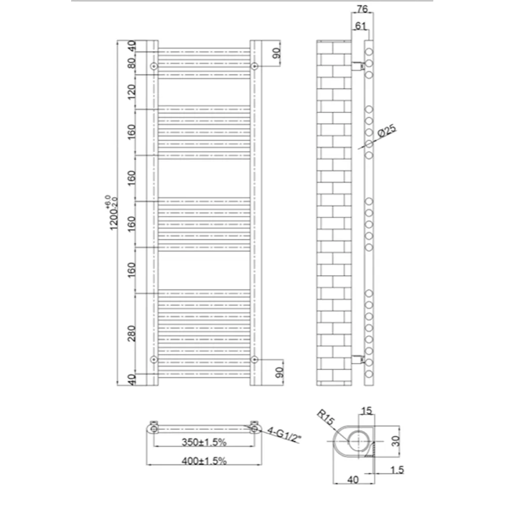 Heated Towel Rail - 1200mm x 400mm - Brushed Bronze