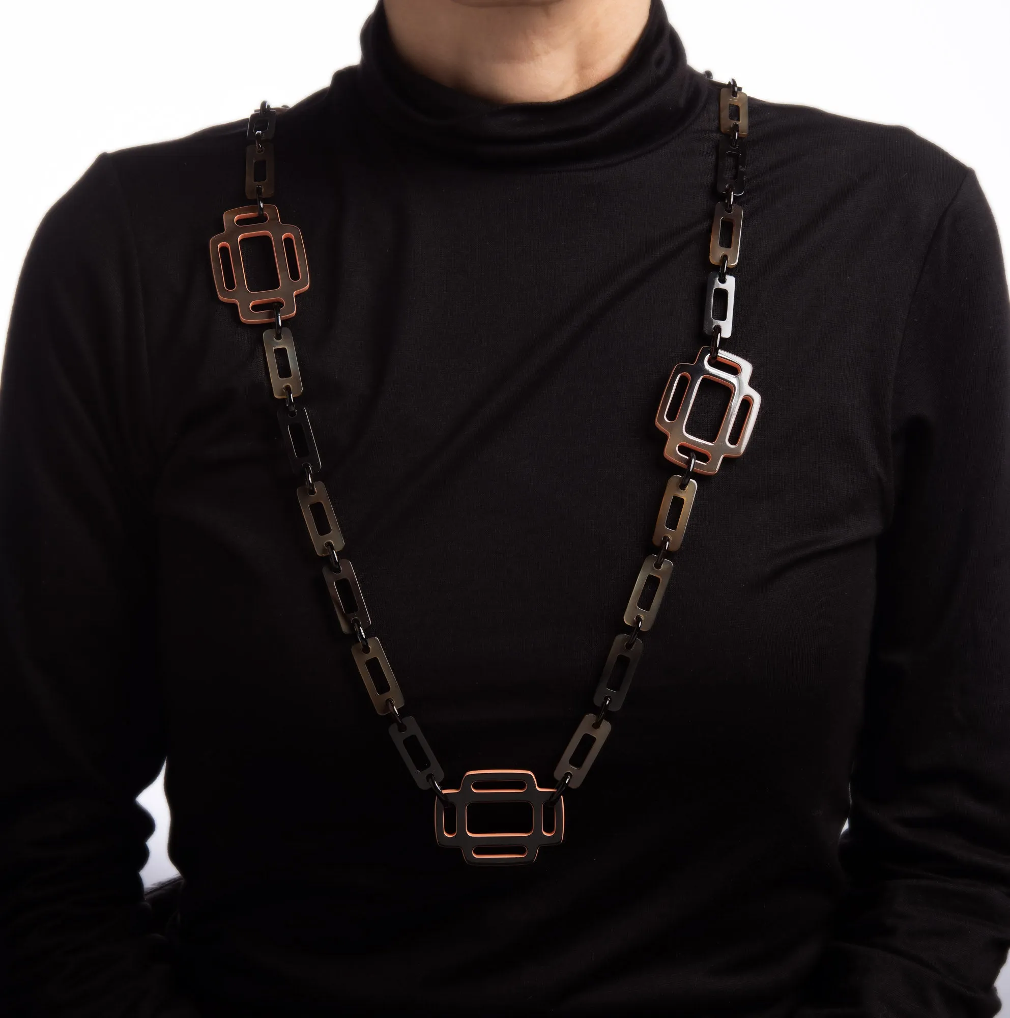 Hermes Attelage Horn Necklace Peach Lacquer Long 36" Square Links