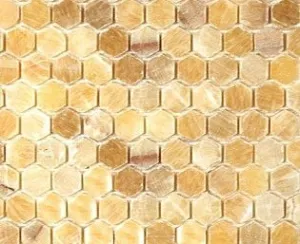 Honey Onyx Hexagon Pattern Polished Mosaics Meshed on 12" X 12" Tile for Backsplash, Shower Walls, Bathroom Floors