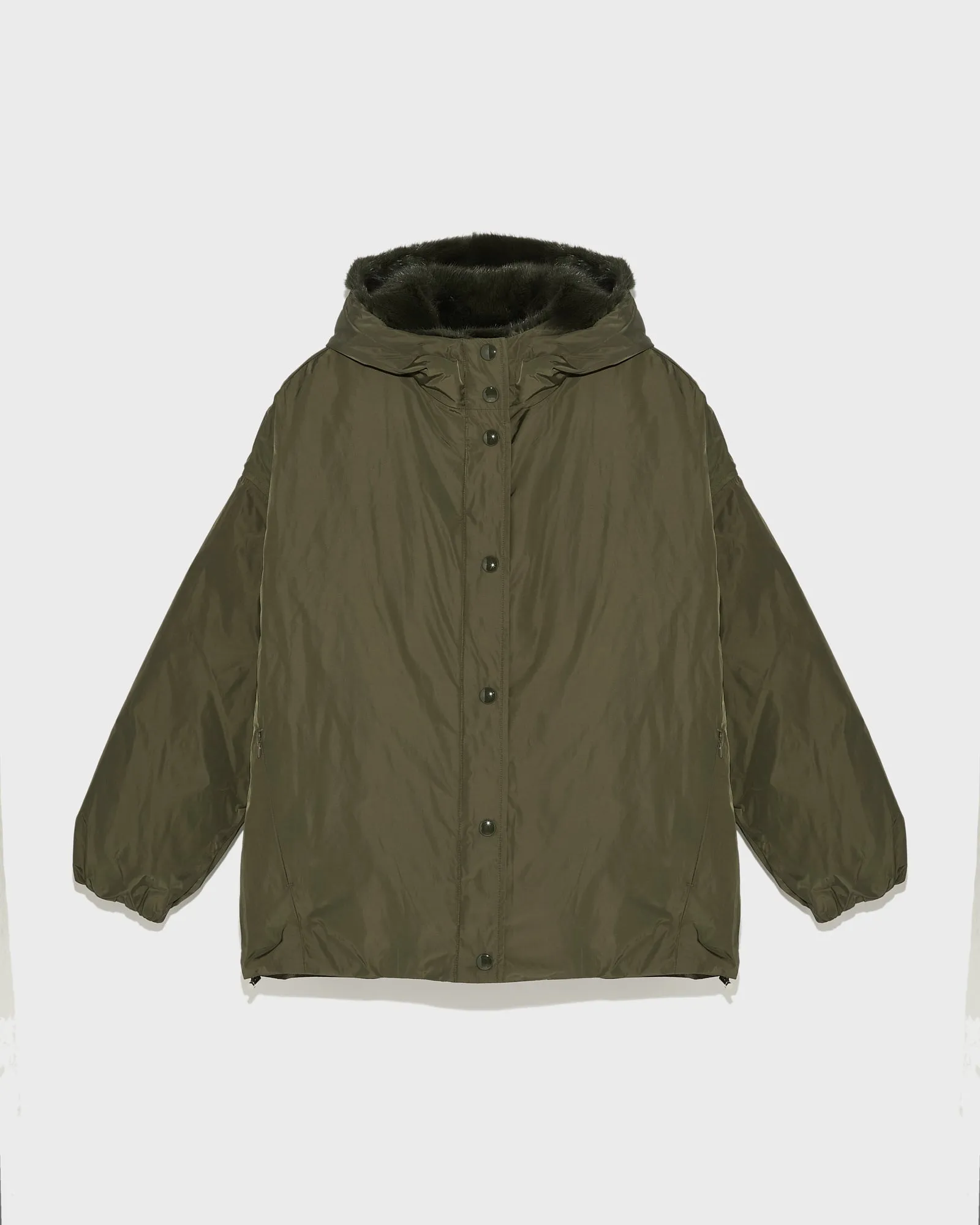 Hooded down jacket in technical fabric and mink fur