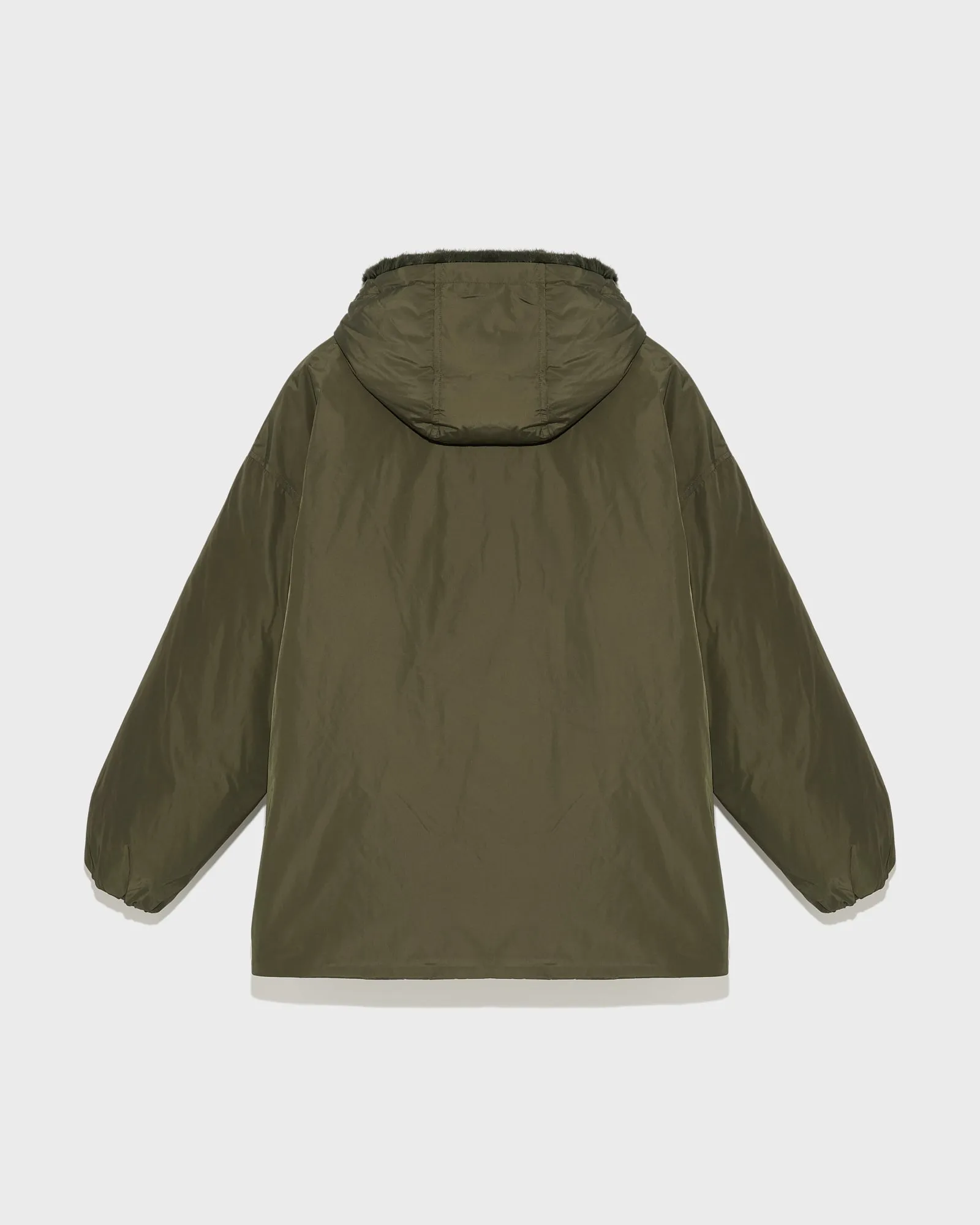 Hooded down jacket in technical fabric and mink fur