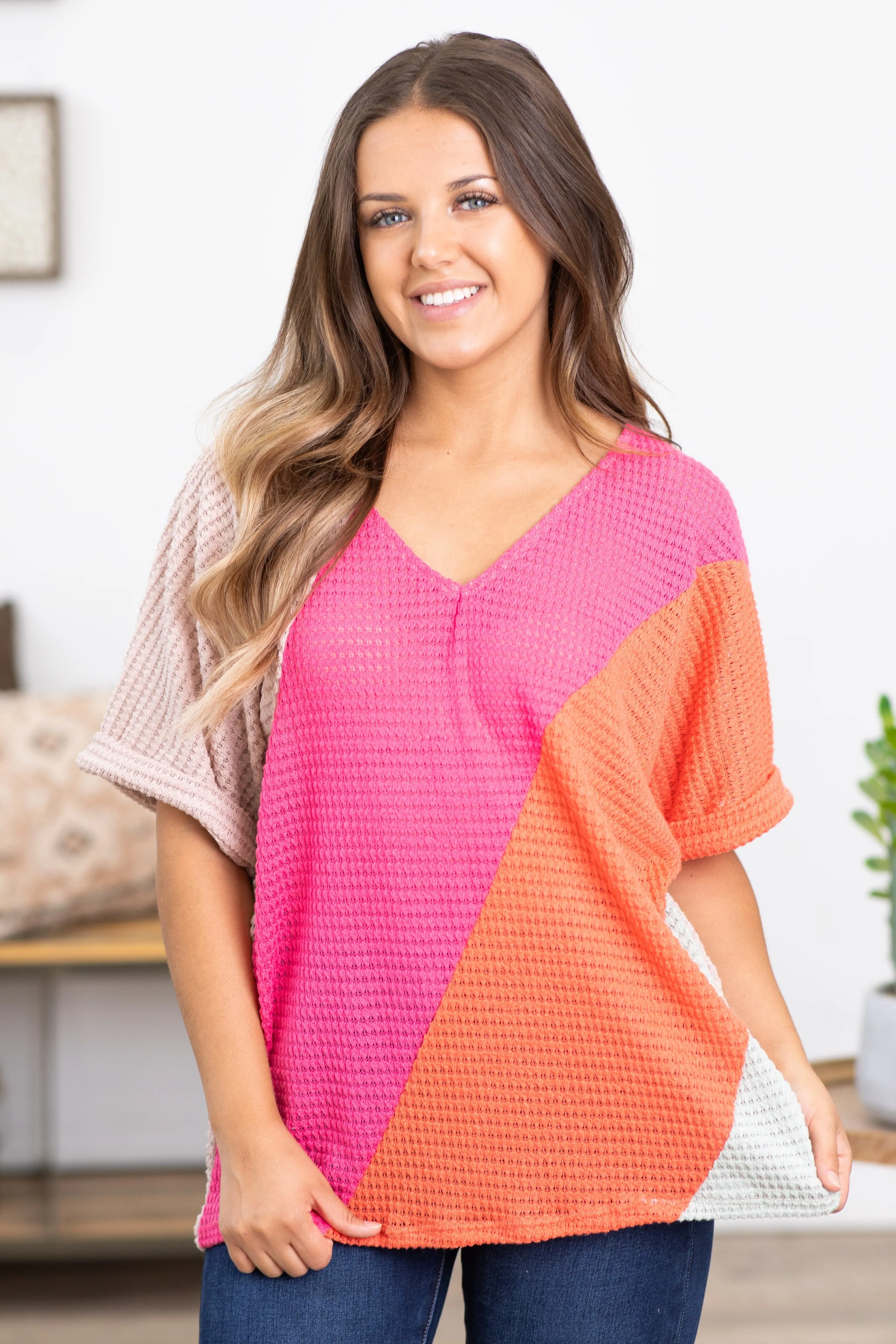 Hot Pink and Orange Waffle Colorblock Top
