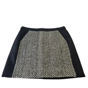 J Crew Black Wool A-Line Short Skirt Sz 8 Chevron Pattern Pocketed Front Panel