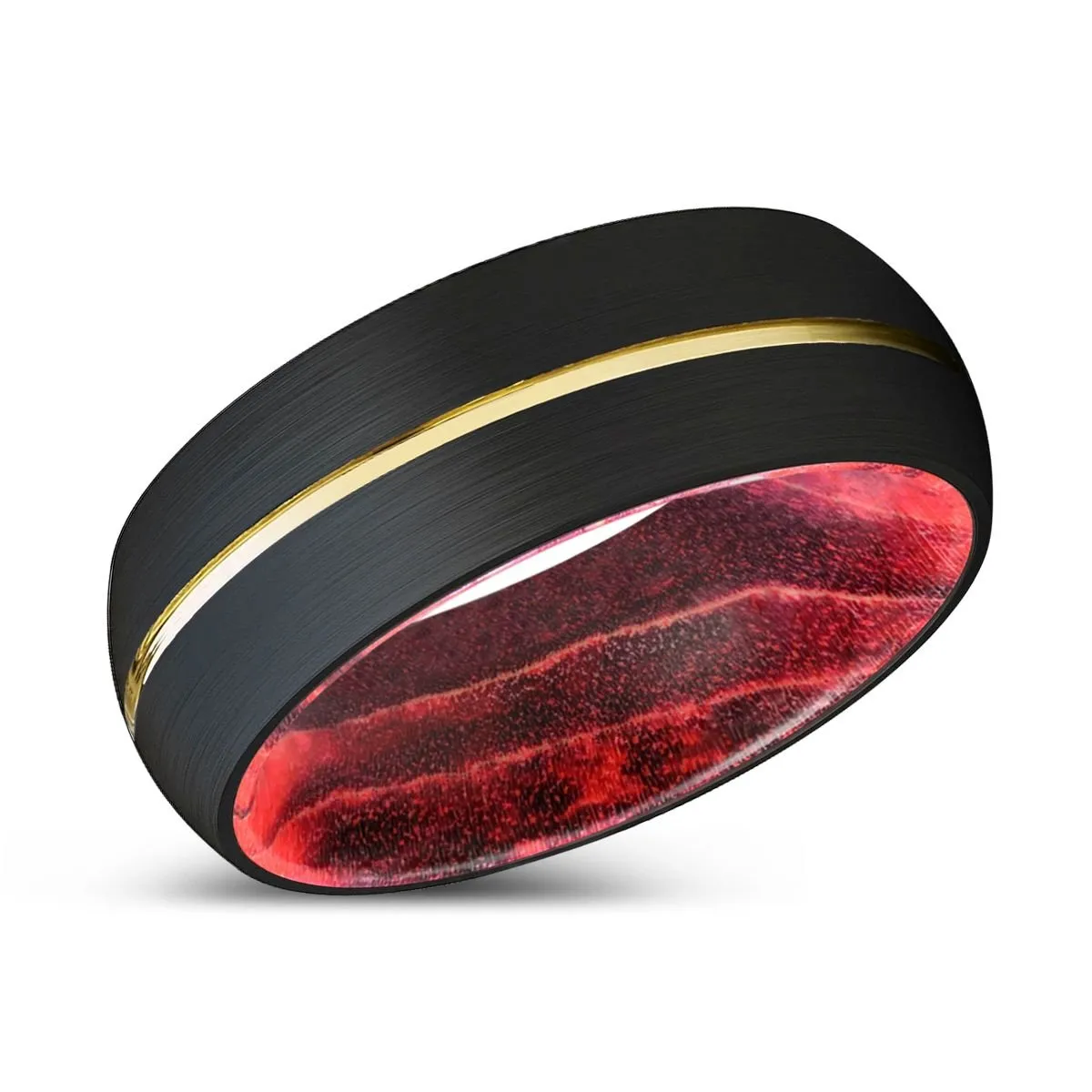 KATANA | Black & Red Wood, Black Tungsten Ring, Gold Groove, Domed