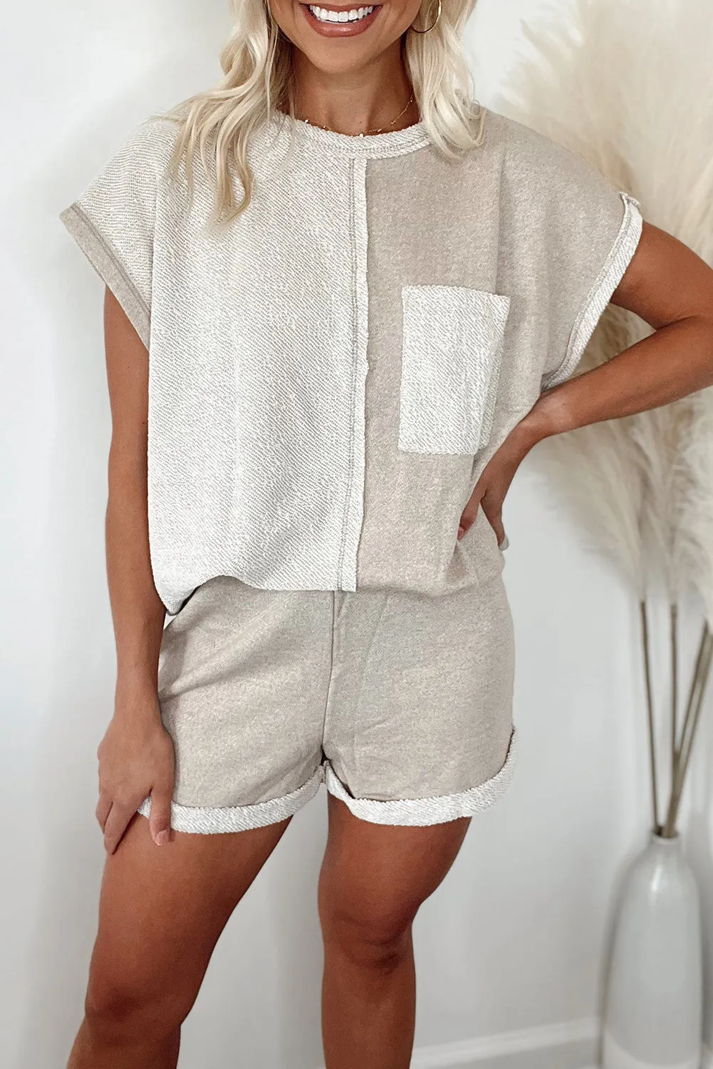 Khaki Colorblock Chest Pocket Exposed Seam Tee and Shorts Set