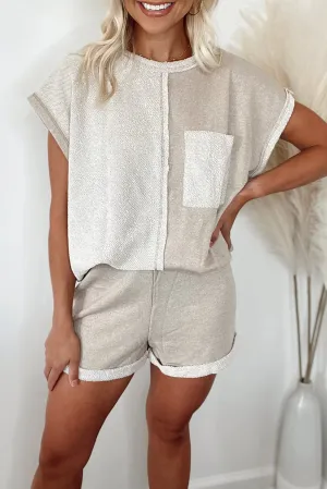 Khaki Colorblock Chest Pocket Exposed Seam Tee and Shorts Set