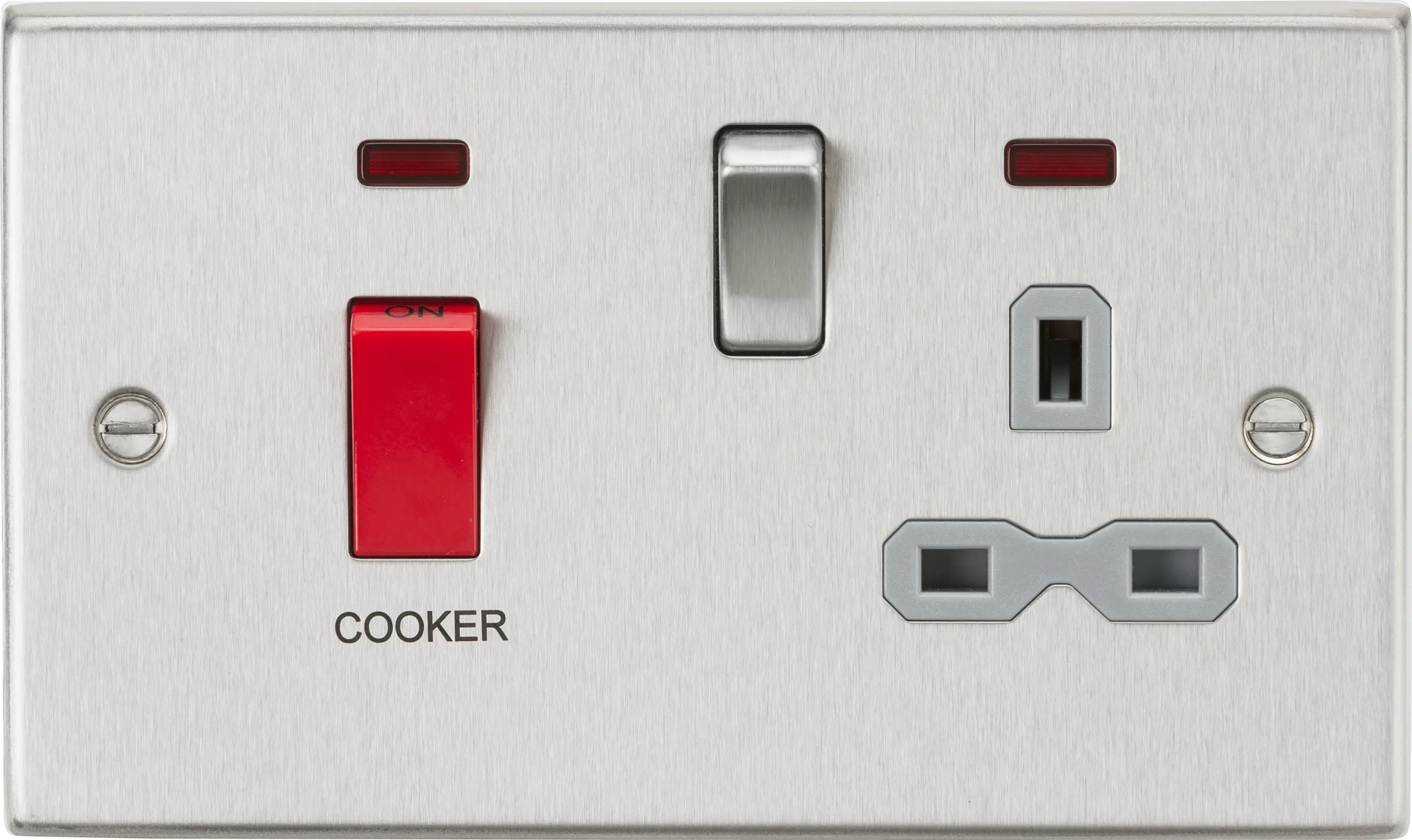 Knightsbridge CS83BCG Square Edge 45A DP Cooker Switch   13A Switch Socket   Neons - Brushed Chrome   Grey Insert