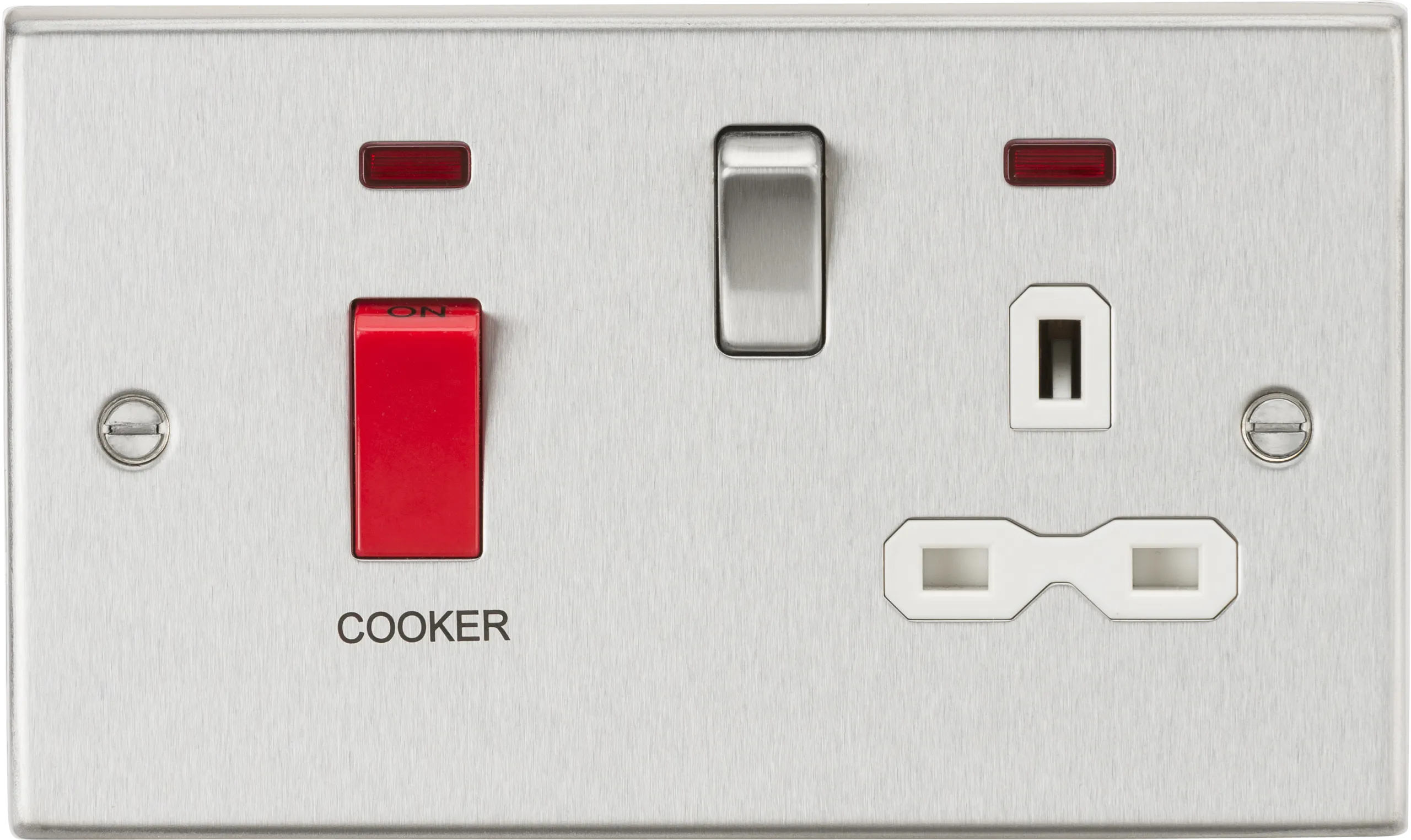 Knightsbridge CS83BCW Square Edge 45A DP Cooker Switch   13A Switch Socket   Neons - Brushed Chrome   White Insert
