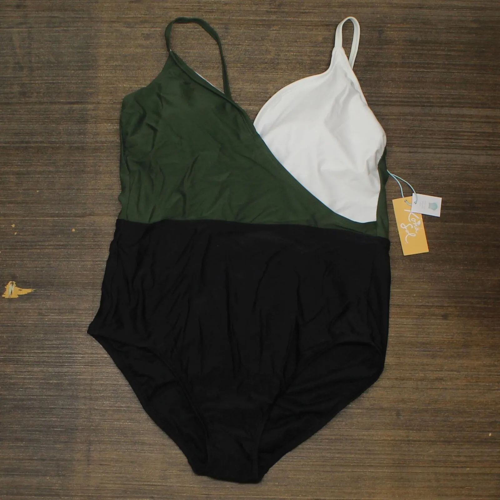 Kona Sol Color Block Wrap High Coverage One Piece Swimsuit AFK69 Green Multi XL