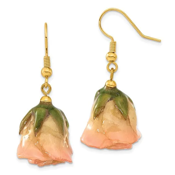 Lacquered Cream & Pink Real Rose Dangle Earrings