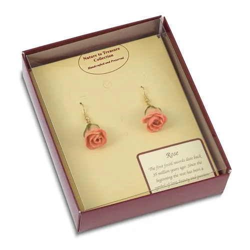 Lacquered Cream & Pink Real Rose Dangle Earrings