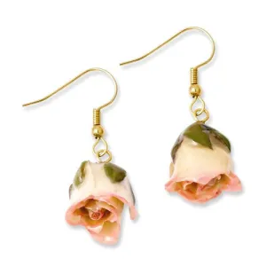 Lacquered Cream & Pink Real Rose Dangle Earrings
