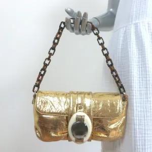 Lanvin Mother of Pearl Accent Small Shoulder Bag Gold Metallic Leather