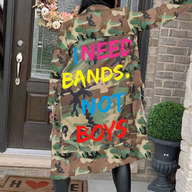 Letter Print Long Sleeve Casual Trench Coat