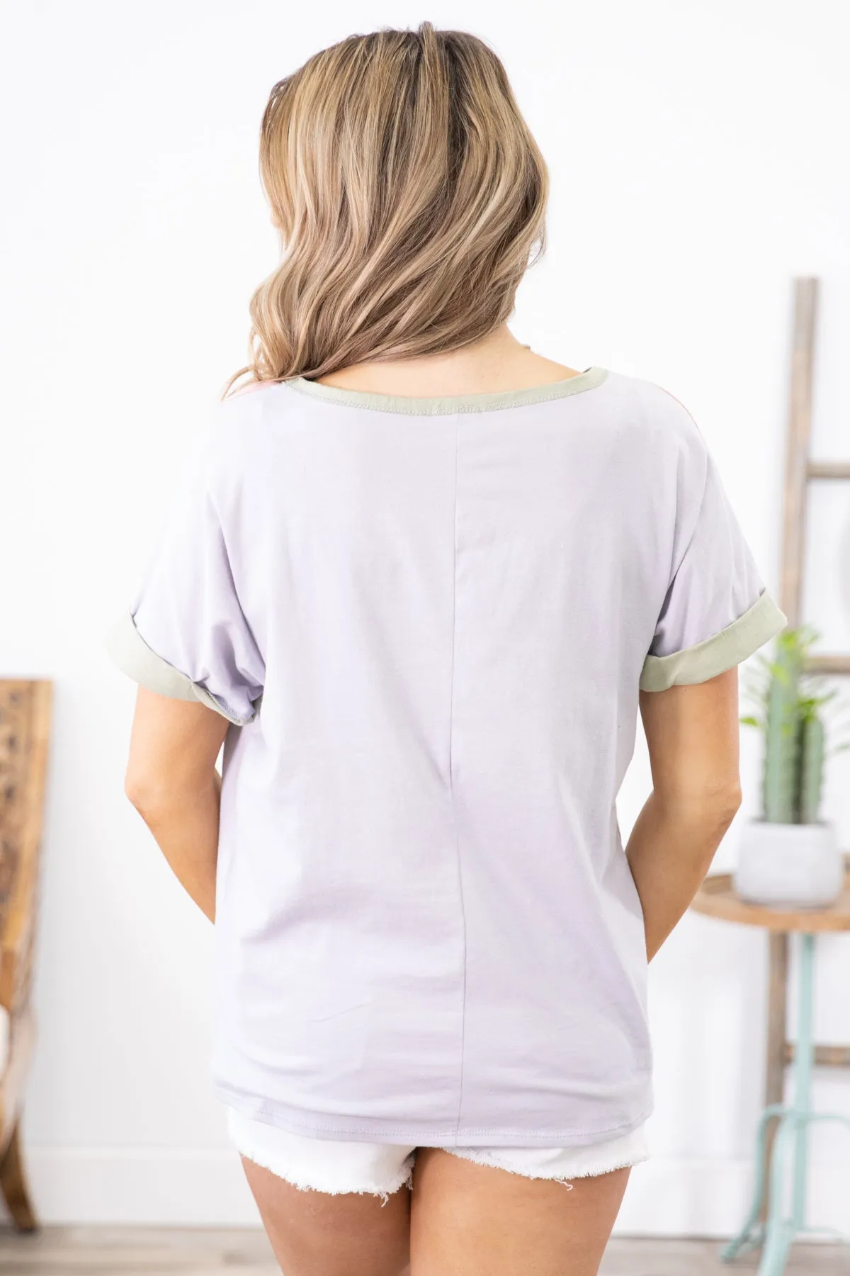 Light Grey and Sage Colorblock Top with Pocket