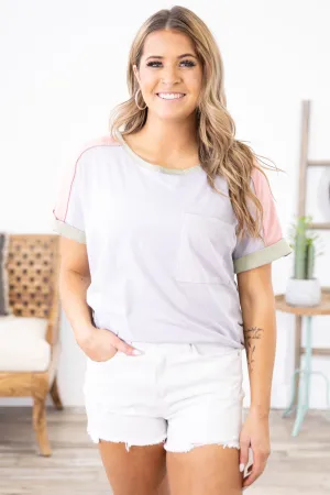Light Grey and Sage Colorblock Top with Pocket