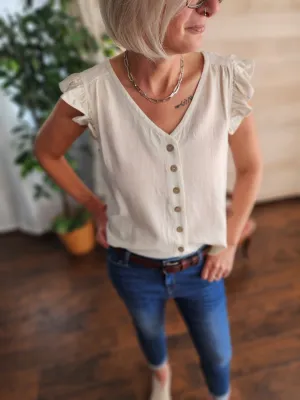 Linen button up v-neck sleeveless blouse in cream *