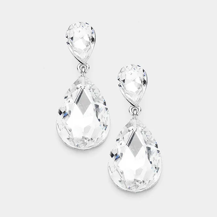 Little Girls Double Crystal Teardrop Evening Earrings on Silver | 316345