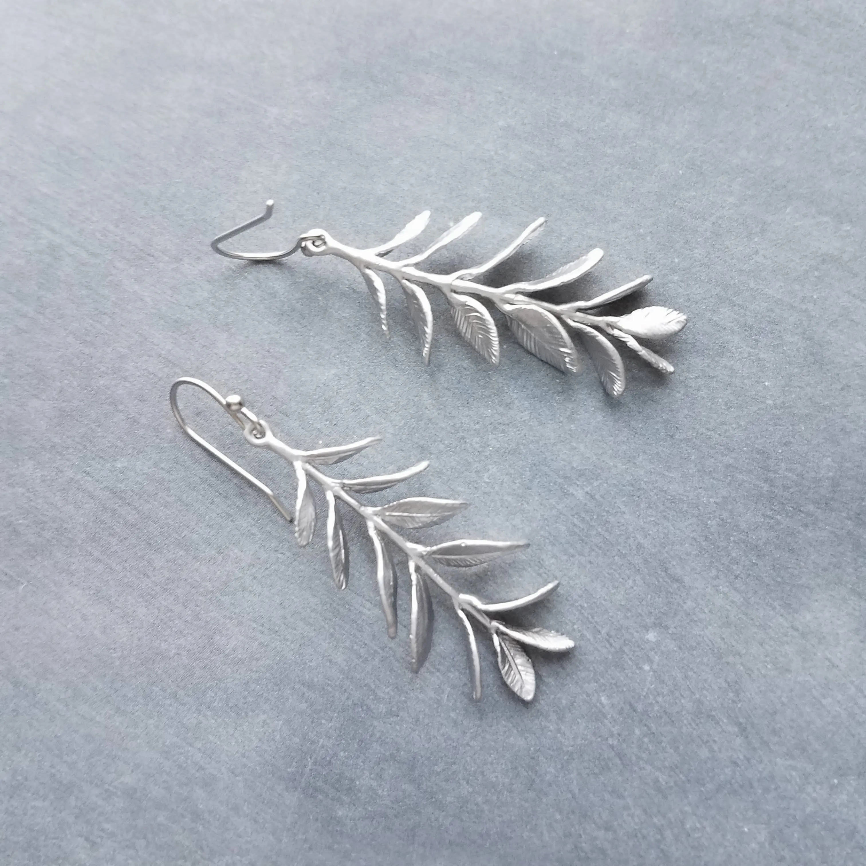 Long Stem Leaf Earrings, matte silver rhodium leaves, silver branch earrings, unique silver earrings, silver leaves with veining, silver dangle earring