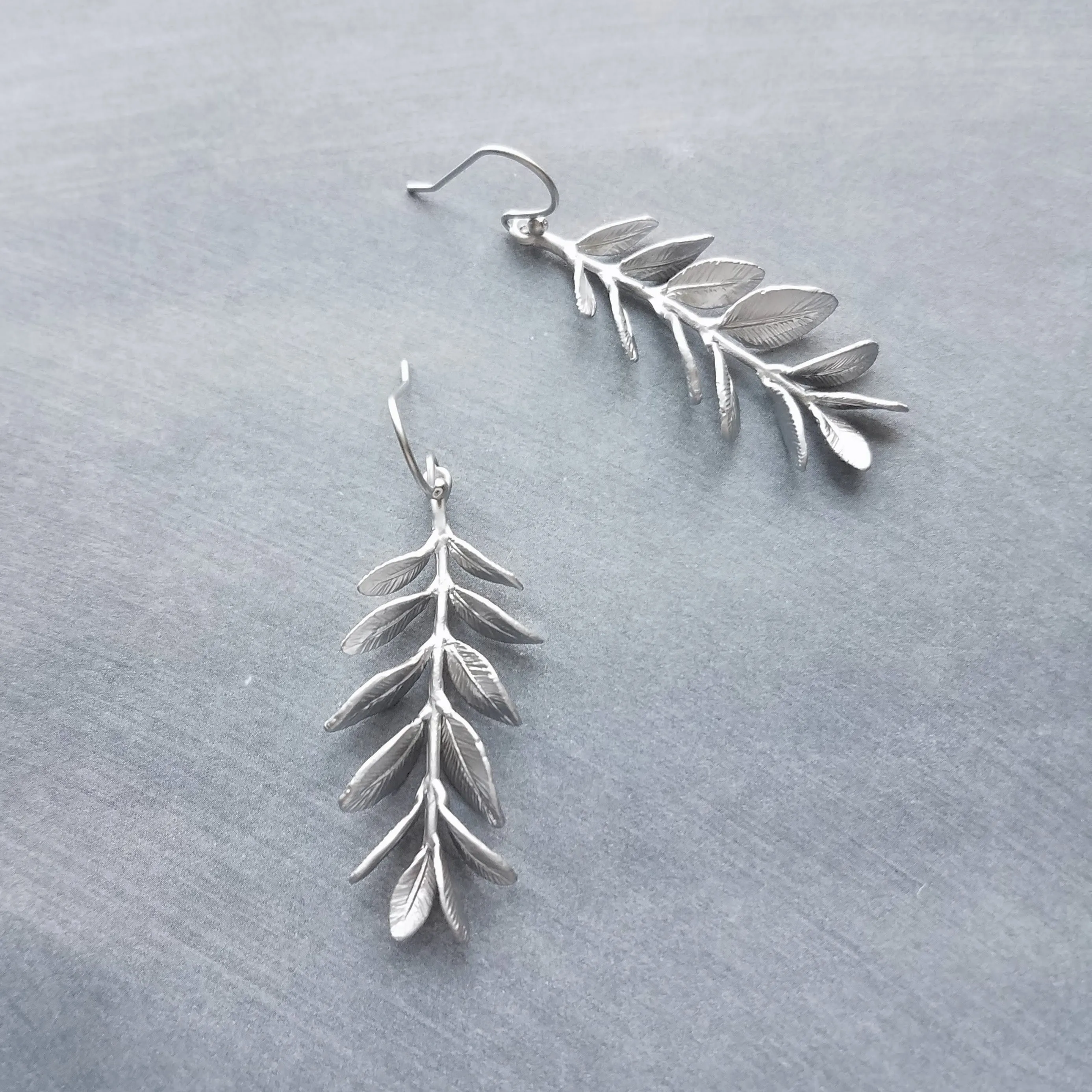 Long Stem Leaf Earrings, matte silver rhodium leaves, silver branch earrings, unique silver earrings, silver leaves with veining, silver dangle earring