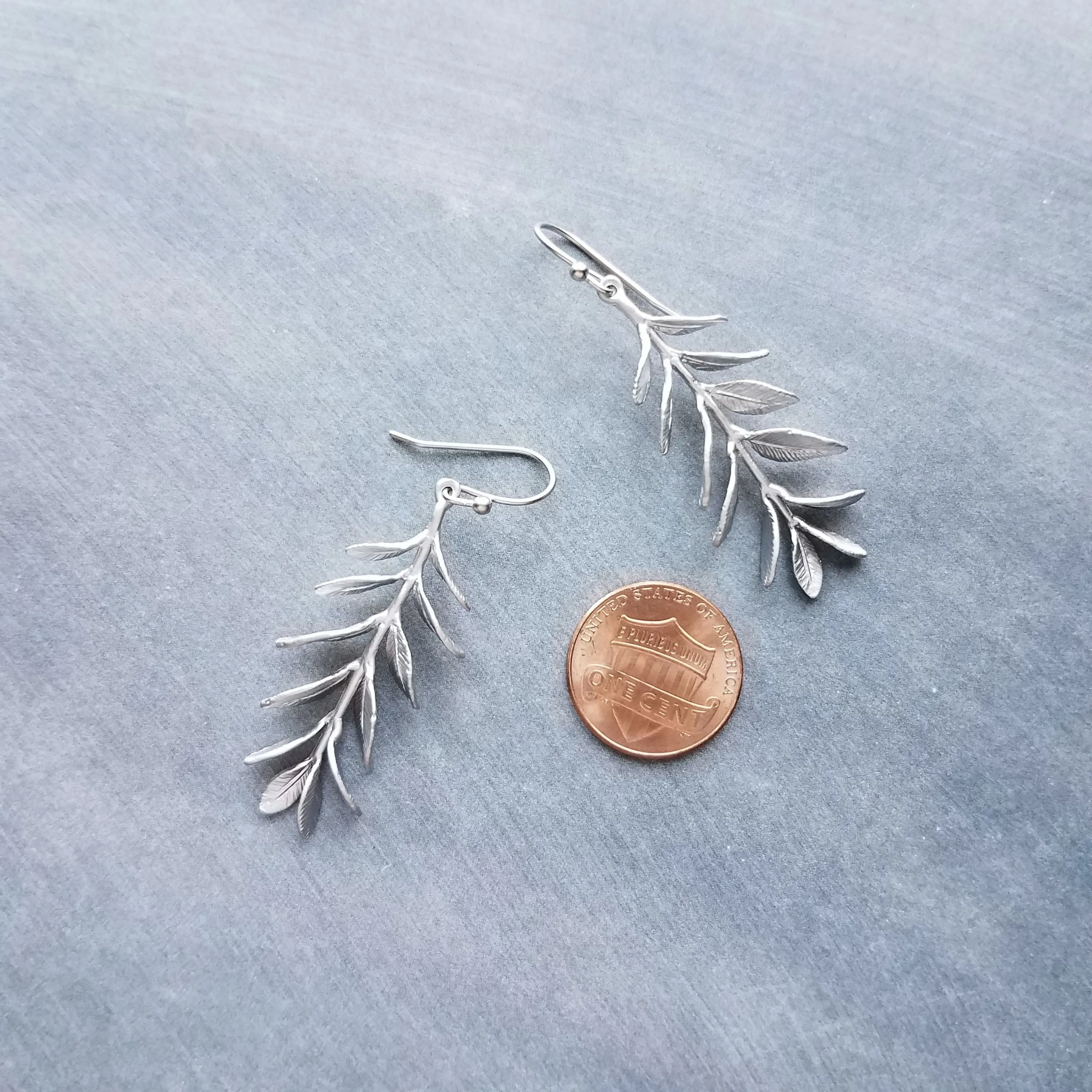 Long Stem Leaf Earrings, matte silver rhodium leaves, silver branch earrings, unique silver earrings, silver leaves with veining, silver dangle earring
