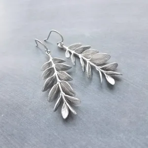 Long Stem Leaf Earrings, matte silver rhodium leaves, silver branch earrings, unique silver earrings, silver leaves with veining, silver dangle earring