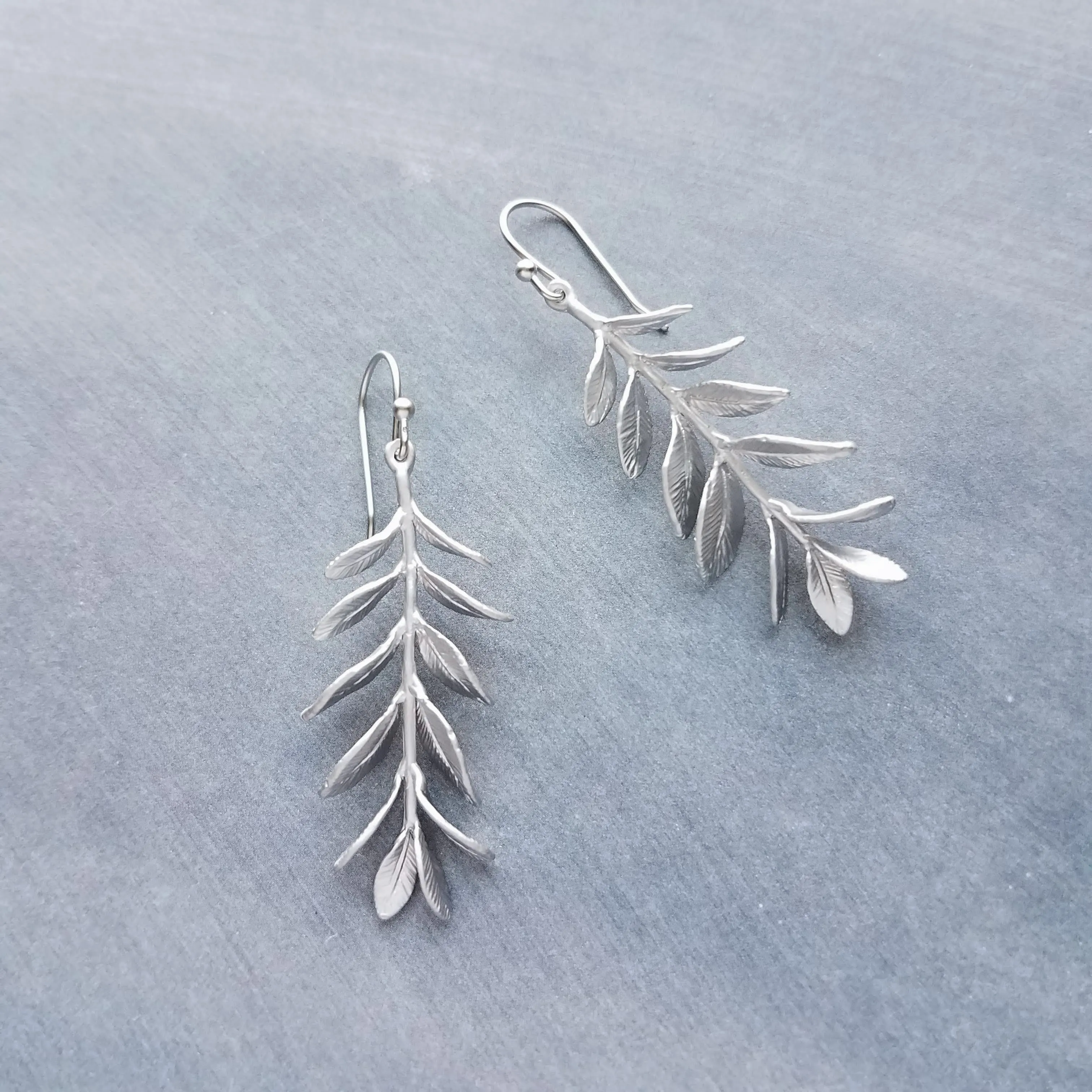 Long Stem Leaf Earrings, matte silver rhodium leaves, silver branch earrings, unique silver earrings, silver leaves with veining, silver dangle earring