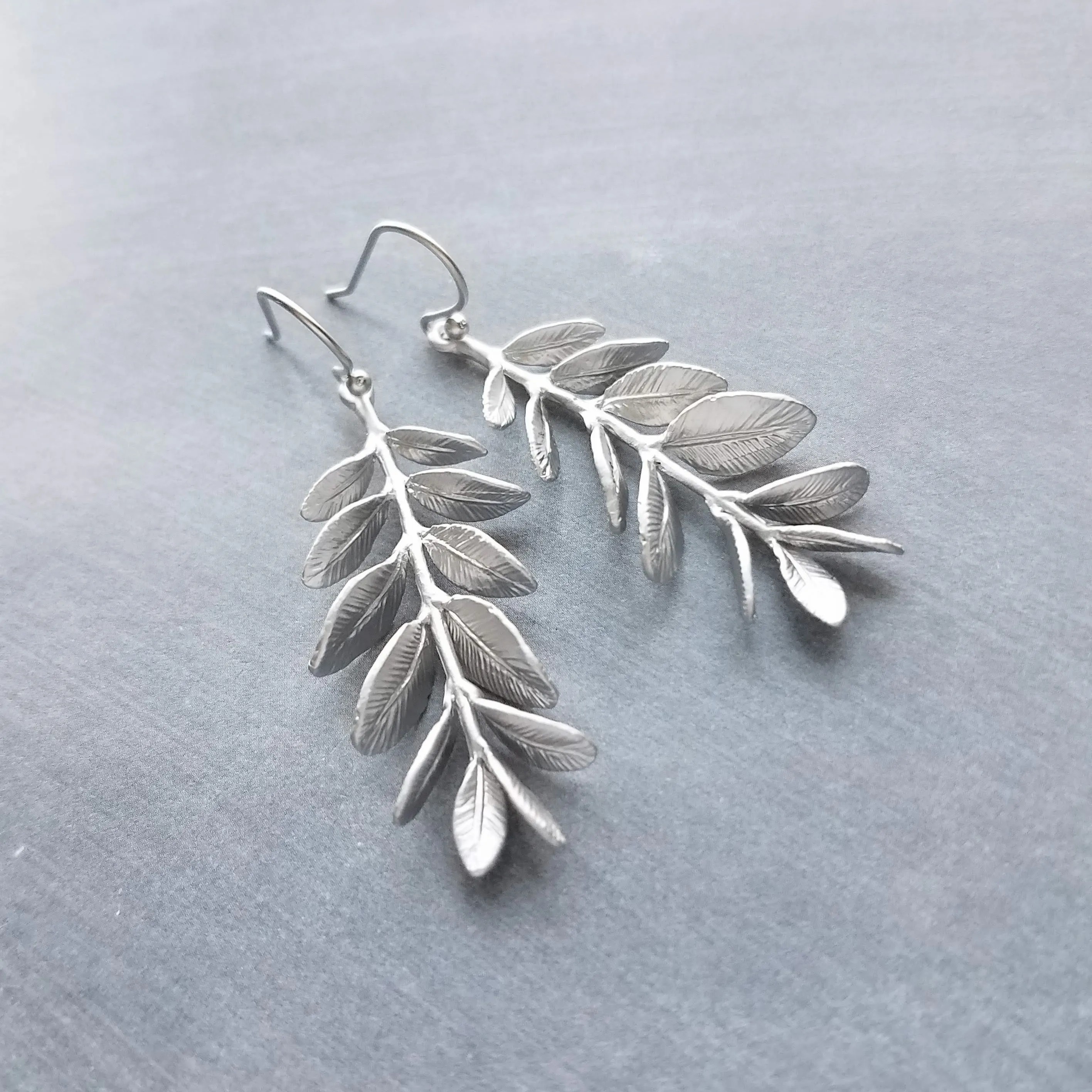Long Stem Leaf Earrings, matte silver rhodium leaves, silver branch earrings, unique silver earrings, silver leaves with veining, silver dangle earring