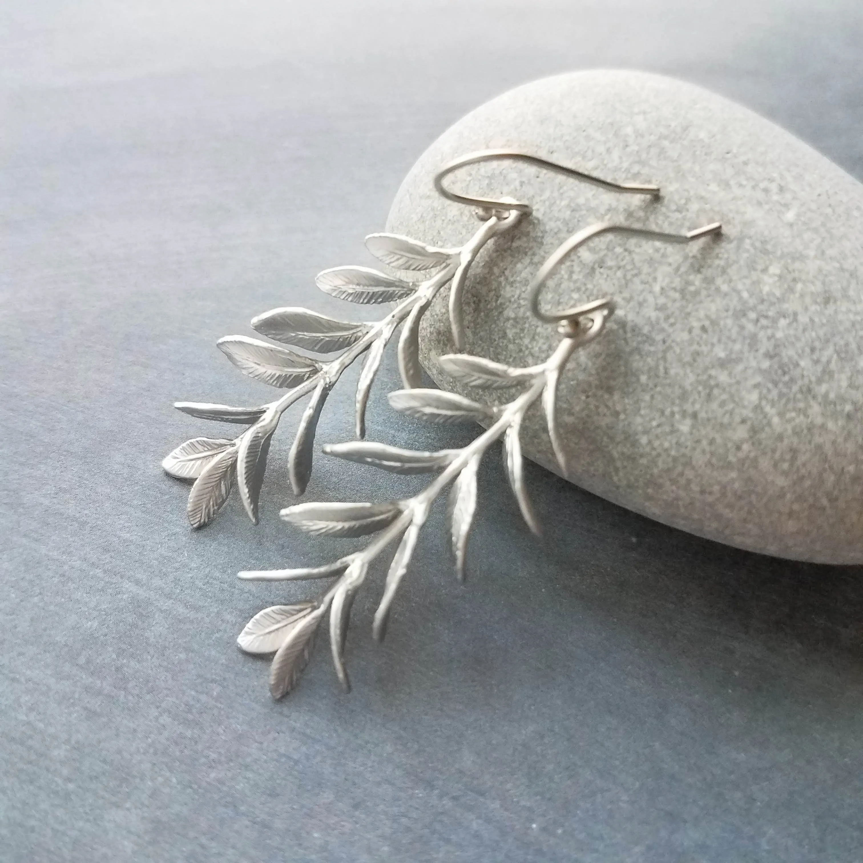 Long Stem Leaf Earrings, matte silver rhodium leaves, silver branch earrings, unique silver earrings, silver leaves with veining, silver dangle earring