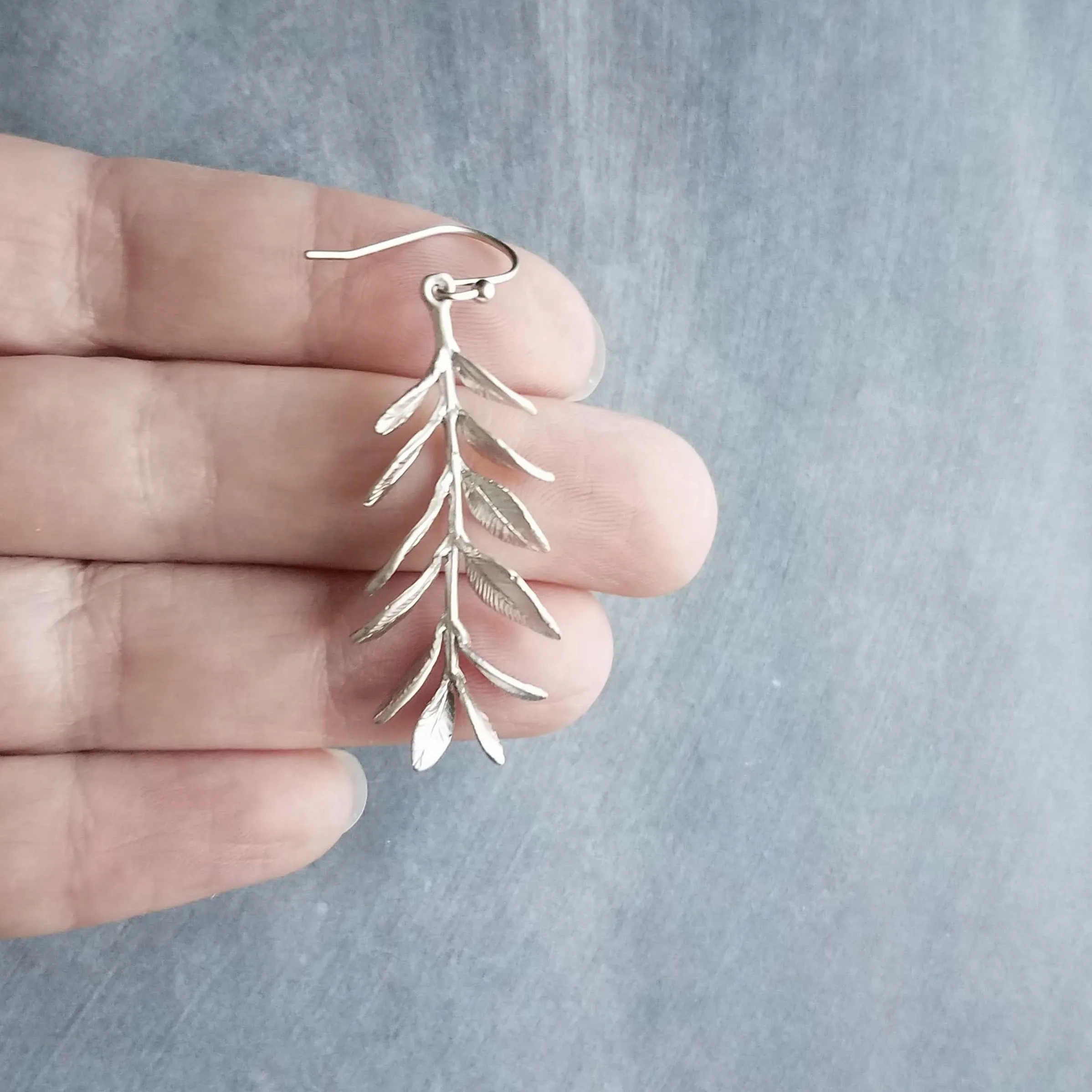 Long Stem Leaf Earrings, matte silver rhodium leaves, silver branch earrings, unique silver earrings, silver leaves with veining, silver dangle earring