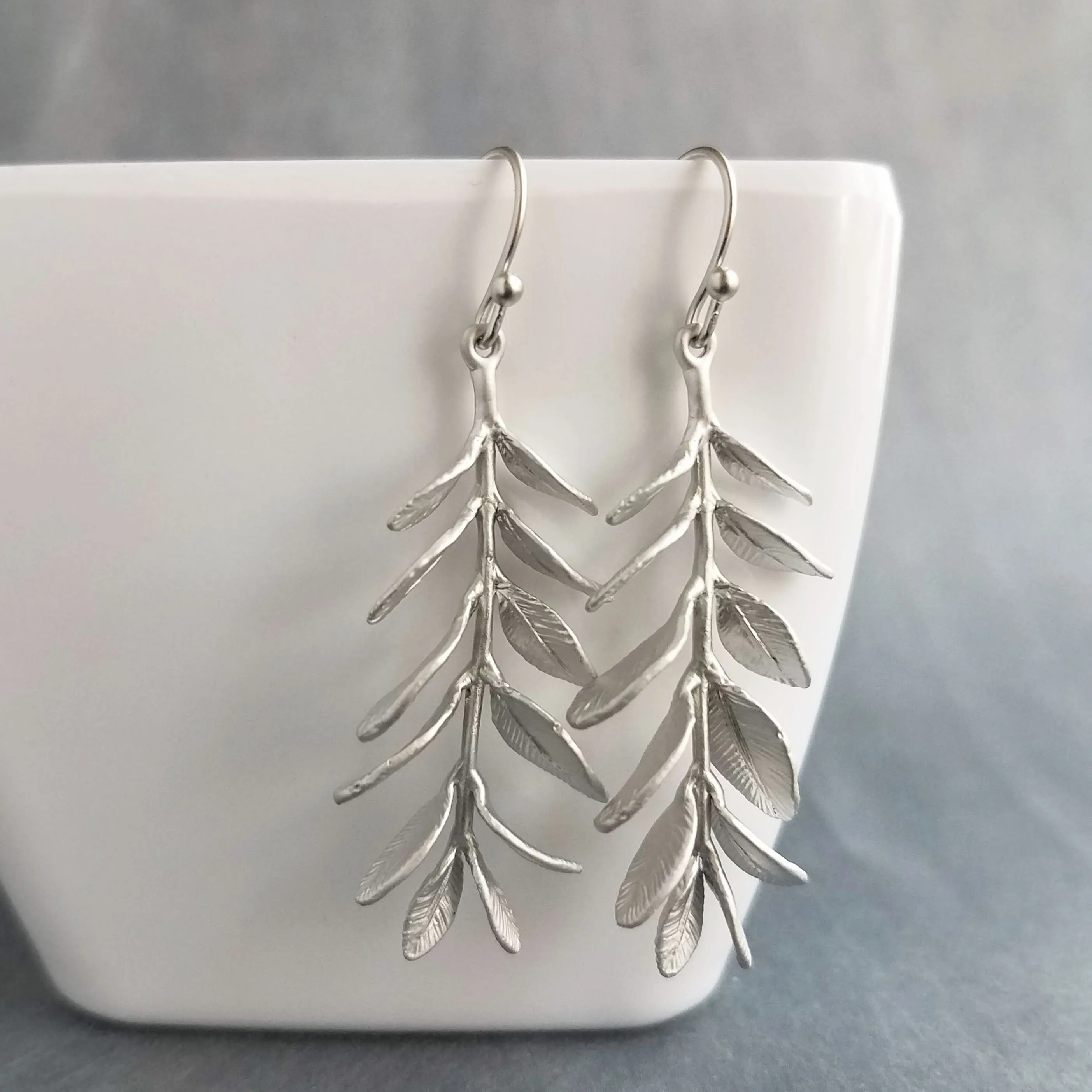 Long Stem Leaf Earrings, matte silver rhodium leaves, silver branch earrings, unique silver earrings, silver leaves with veining, silver dangle earring