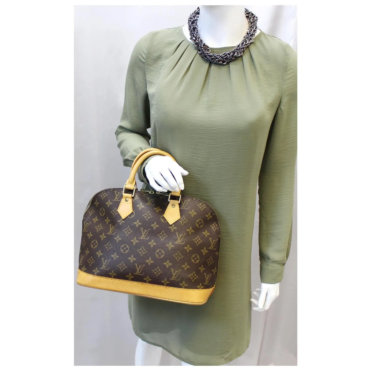 LOUIS VUITTON Alma Monogram Canvas Satchel Bag Brown