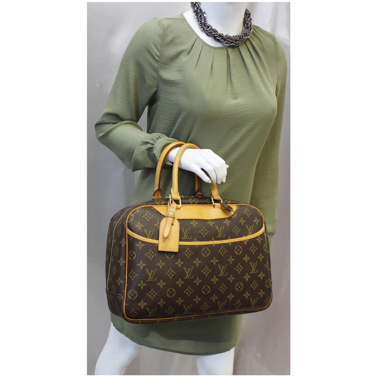 LOUIS VUITTON Deauville Monogram Canvas Boston Satchel Bag Brown