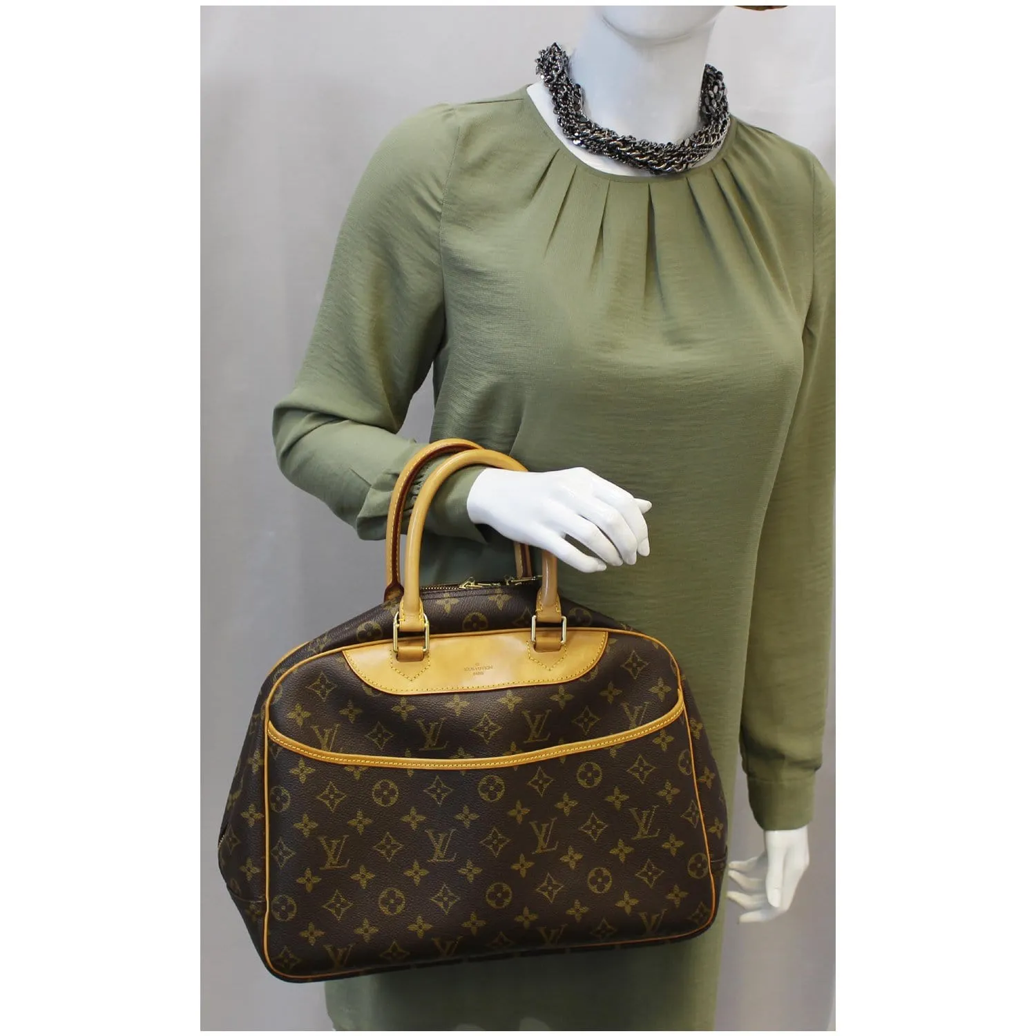 LOUIS VUITTON Deauville Monogram Canvas Boston Satchel Bag Brown