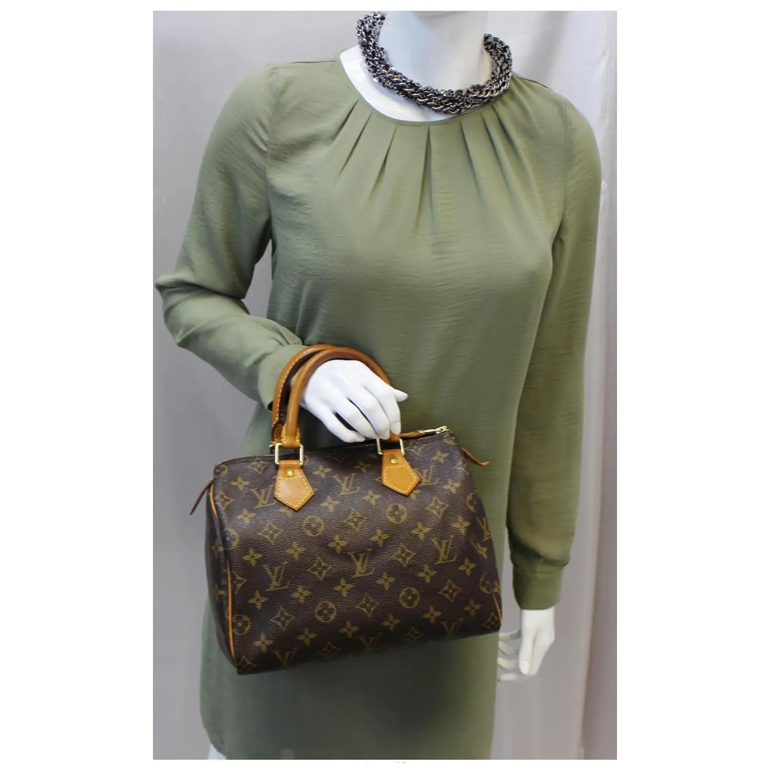 LOUIS VUITTON Speedy 25 Monogram Canvas Satchel Bag Brown