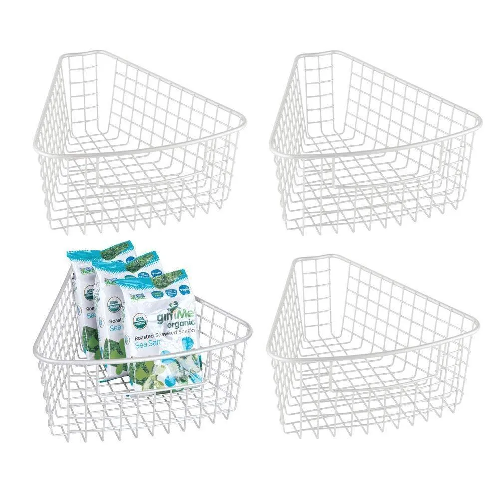 mDesign Farmhouse Metal Kitchen Cabinet Lazy Susan Storage Organizer Basket with Front Handle - Small Pie-Shaped 1/8 Wedge, 4.2" Deep Container - 4 Pack - Matte White