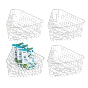 mDesign Farmhouse Metal Kitchen Cabinet Lazy Susan Storage Organizer Basket with Front Handle - Small Pie-Shaped 1/8 Wedge, 4.2" Deep Container - 4 Pack - Matte White