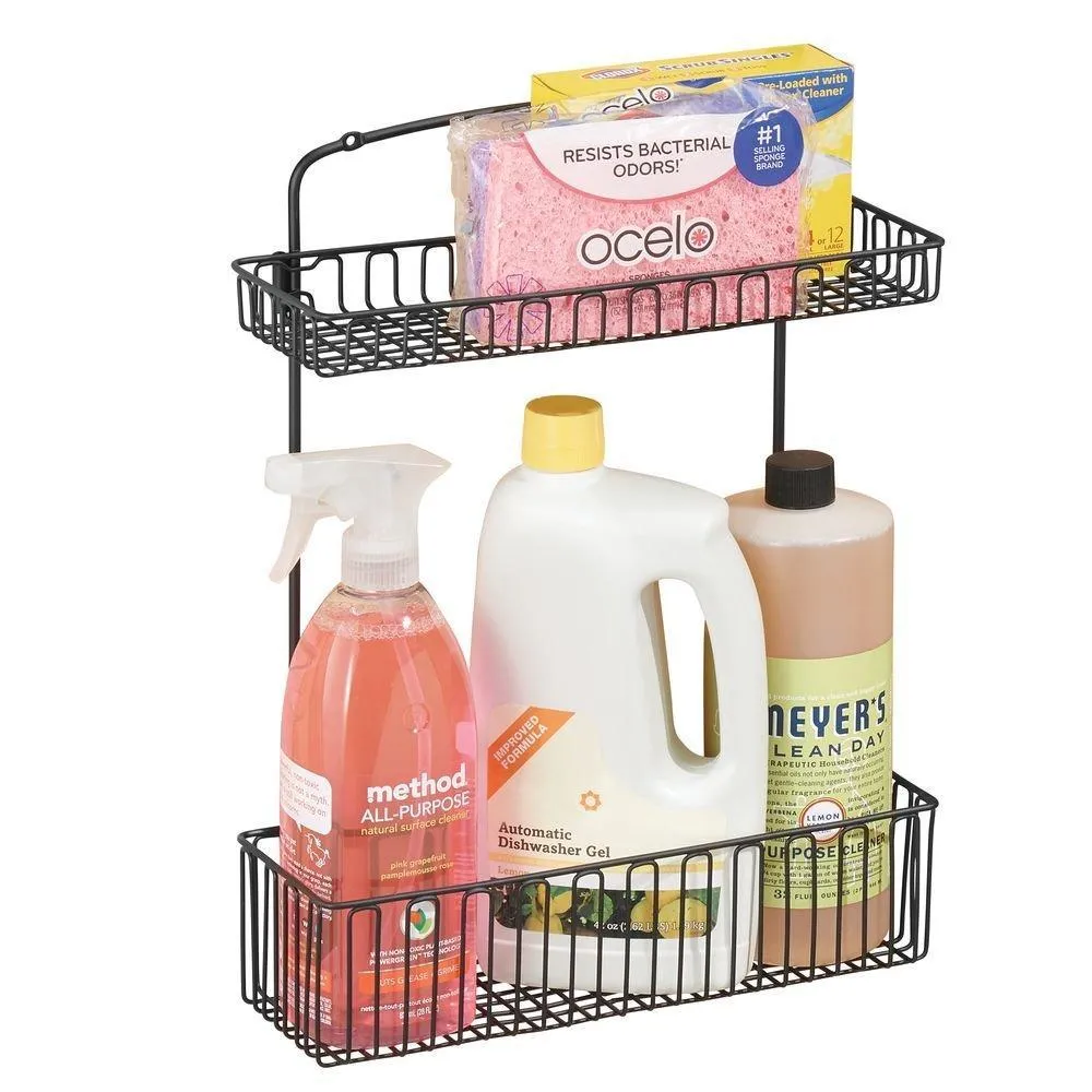 mDesign Metal Farmhouse Wall Mount Kitchen Storage Organizer Holder or Basket - Hang on Wall, Under Sink, or Cabinet Door in Kitchen/Pantry - Holds Dish Soap, Window Cleaner, Sponges - Matte Black