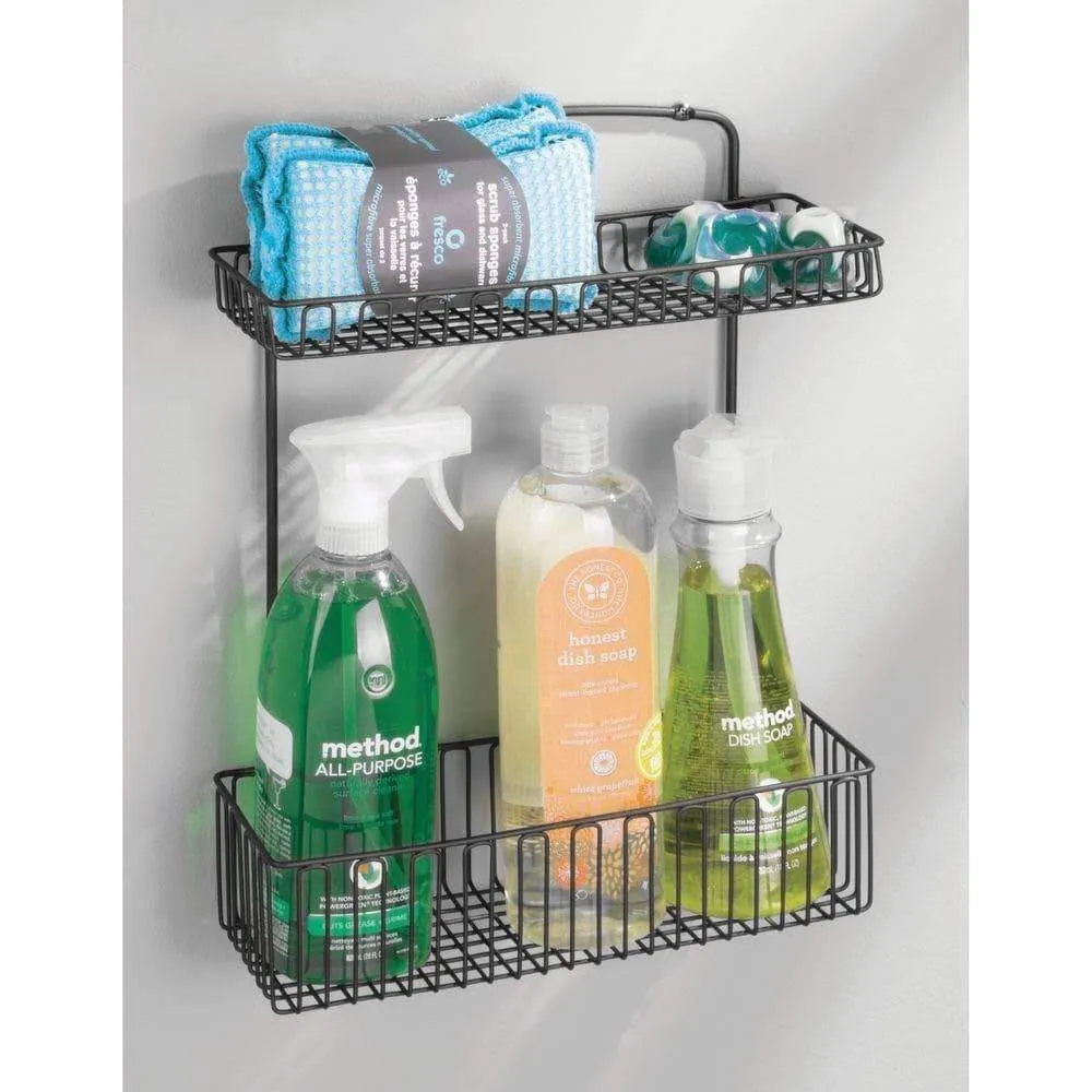 mDesign Metal Farmhouse Wall Mount Kitchen Storage Organizer Holder or Basket - Hang on Wall, Under Sink, or Cabinet Door in Kitchen/Pantry - Holds Dish Soap, Window Cleaner, Sponges - Matte Black