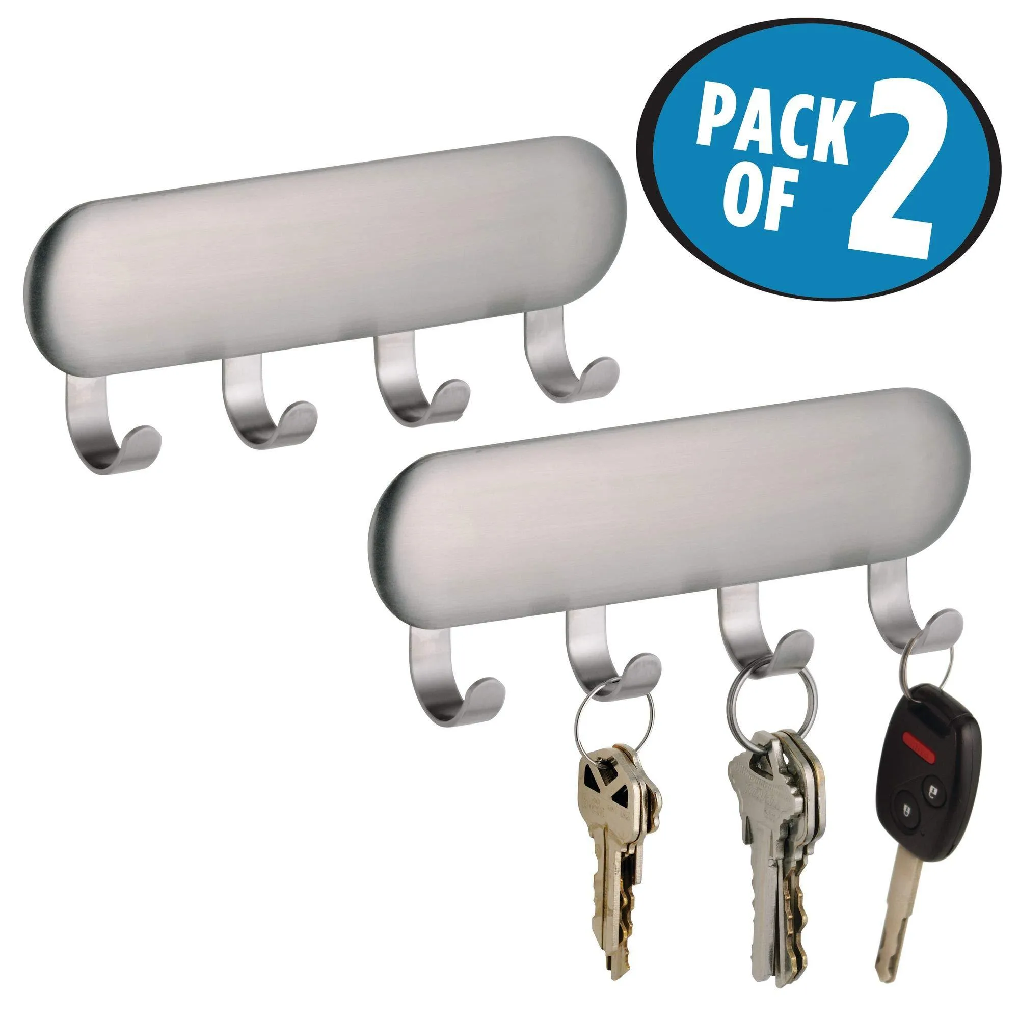 mDesign Self-Adhesive Key Rack Organizer for Entryway, Hallway, Mudroom - Pack of 2, Brushed Stainless Steel