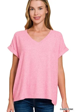 Melange Soft Hacci V-Neck Blouse pink
